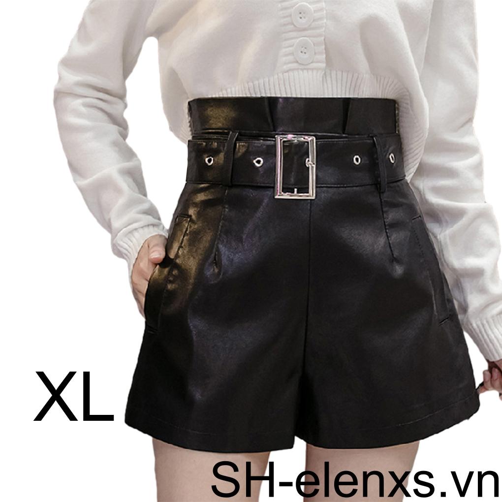 Quần Short Da PU Chữ A Lưng Cao Ống Rộng Màu Đen Thoải Mái Dễ Phối Đồ Thời Trang Cho Nữ