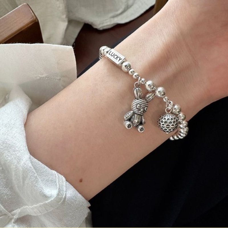 Vòng Tay Hạt Tròn Bằng Len Bạc Sterling S925 Mặt Hình Thỏ May Mắn Phong Cách Hàn Quốc Cổ Điển Thời Trang Cho Bạn Gái
