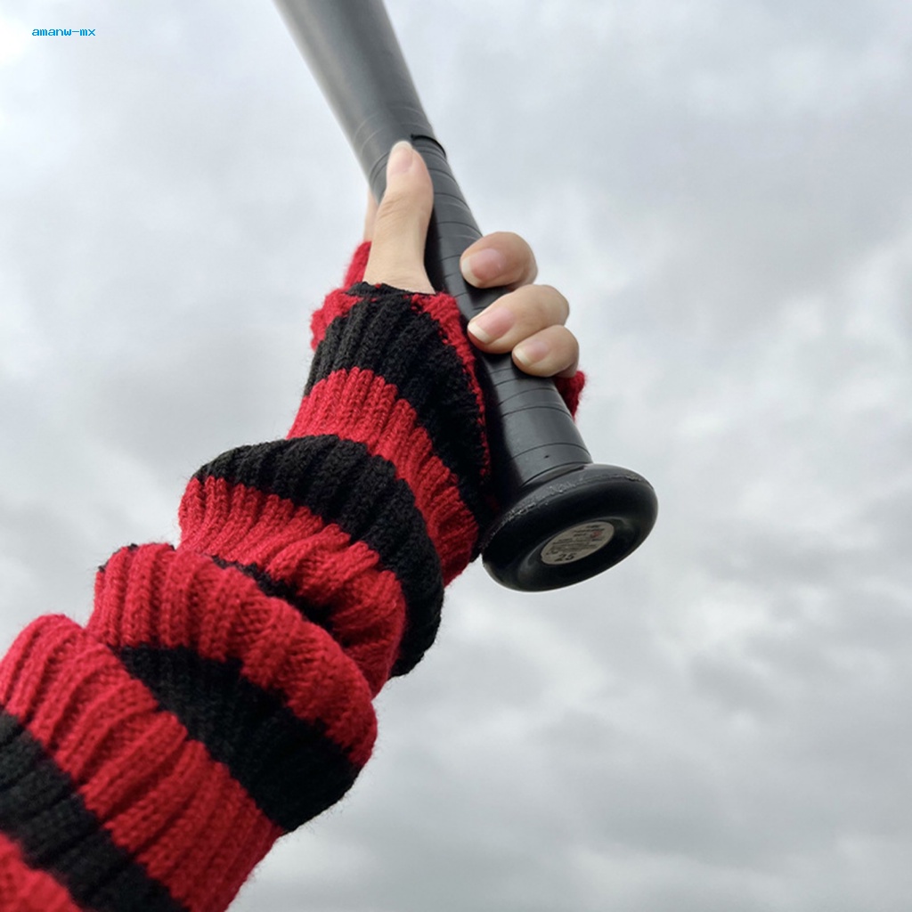 Găng Tay Dệt Kim Hở Ngón Co Giãn Họa Tiết Kẻ Sọc Đen Đỏ Hóa Trang Halloween Cho Nữ