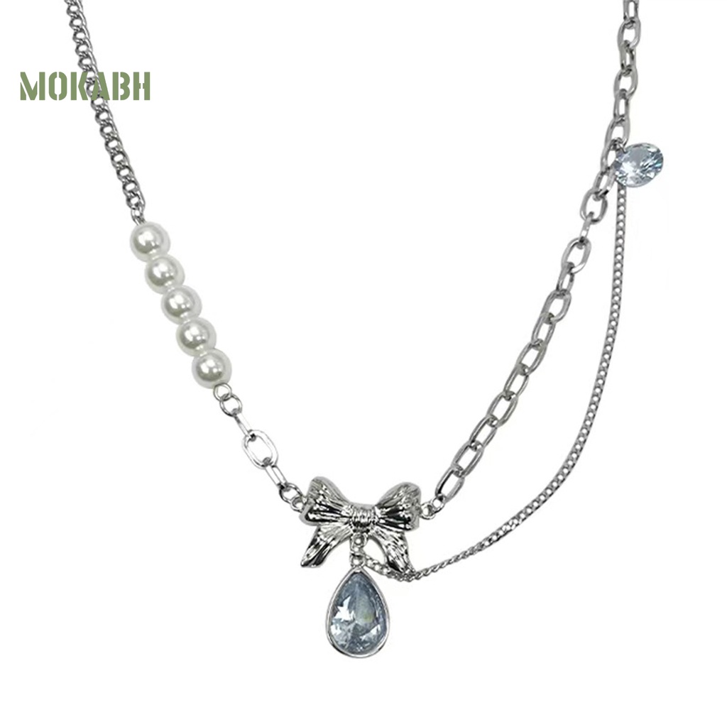 [Mok Abh] Vòng cổ Mặt Hình Nơ Đính Ngọc Trai Giả Thanh Lịch Sáng Bóng Hình Giọt Nước Trang Trí Cho Nữ