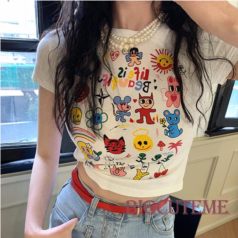 Áo Thun Croptop Tay Ngắn Cổ Tròn Dáng Ôm In Họa Tiết Hoạt Hình Thời Trang Đường Phố Cho Nữ