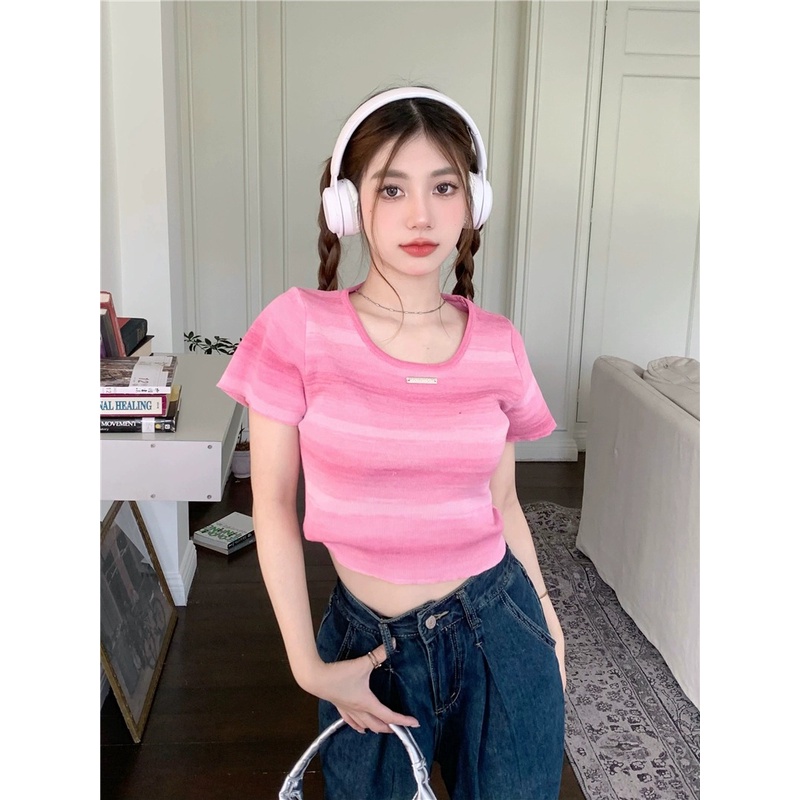 Áo Thun Ngắn Tay Dáng Ôm Họa Tiết Kẻ Sọc Thời Trang Mùa Hè Phong Cách Hàn Quốc Cho Nữ