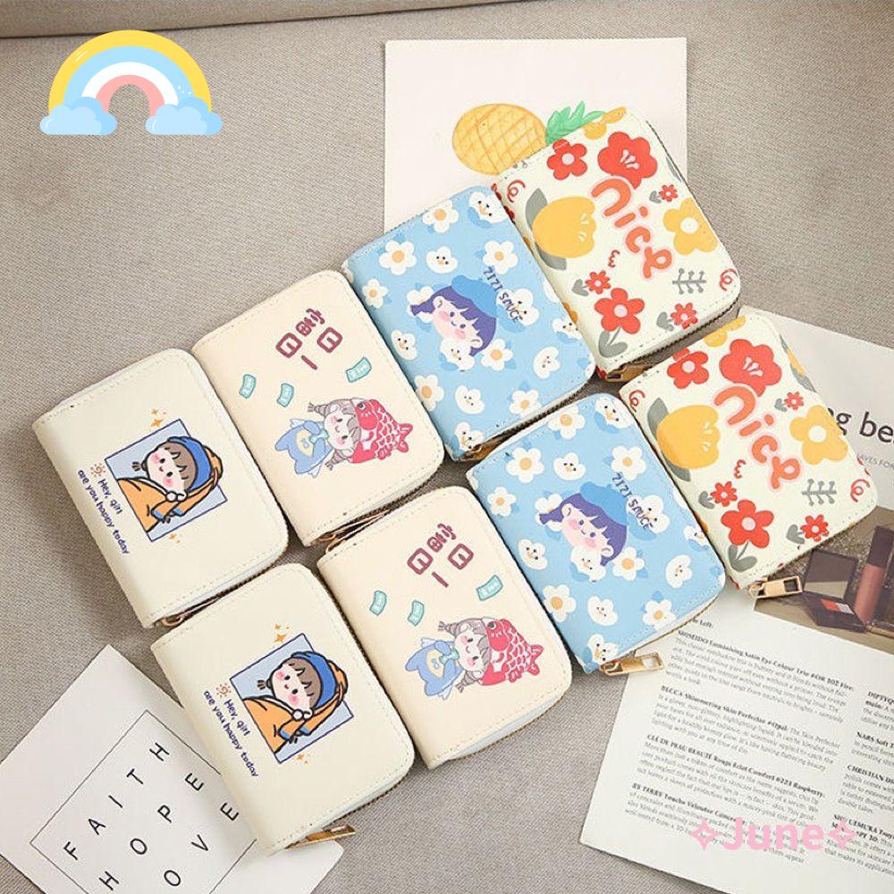 JUNE Ví Ngắn Mini Đựng Tiền Xu In Họa Tiết Hoạt Hình Dễ Thương Cho Bé Gái