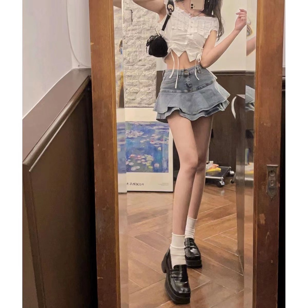 [Miniskirt] Chân Váy Denim Lưng Cao Ôm Dáng Chống Chói Phong Cách Xuân Thu Mới Ngọt Ngào Cá Tính Cho Nữ