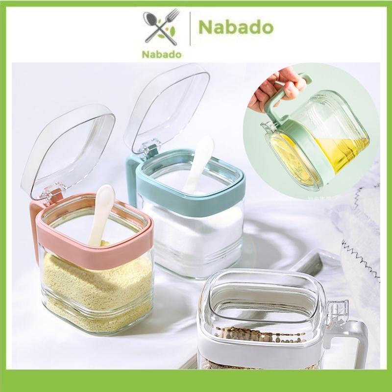 Bộ 3 hũ đựng gia vị nhựa hình vuông có nắp đậy kèm thìa muỗng tiện lợi