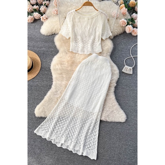 Set Áo Ren Ngắn Tay + Chân Váy Đuôi Cá Phong Cách Hàn Quốc Dành Cho Nữ