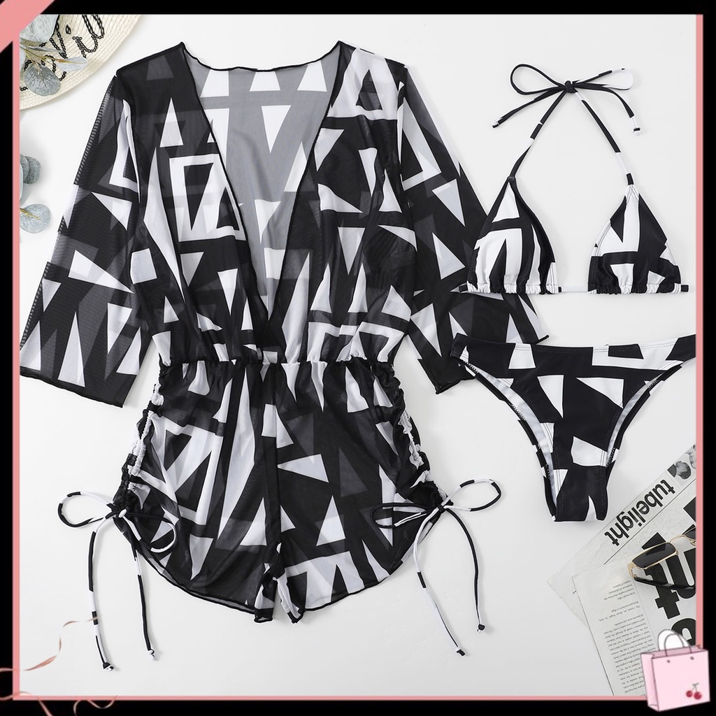 Bộ Đồ Bơi 3 Mảnh Gồm Áo Dài Tay Cổ Yếm Và Quần Lưng Thun In Họa Tiết Lá Dành Cho Nữ