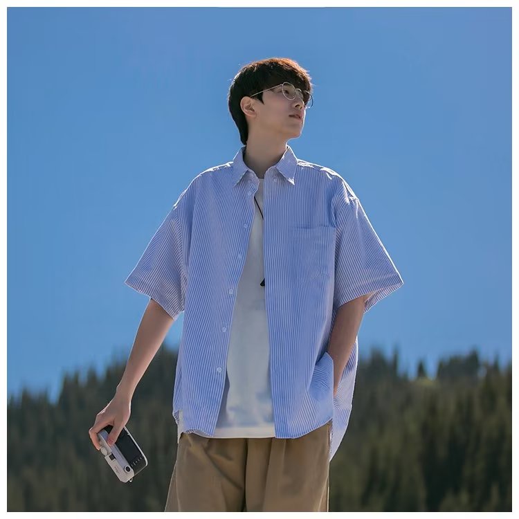 Áo Sơ Mi Tay Lửng Dáng Rộng Màu Trơn Phong Cách Thời Trang Nhật Bản Mới