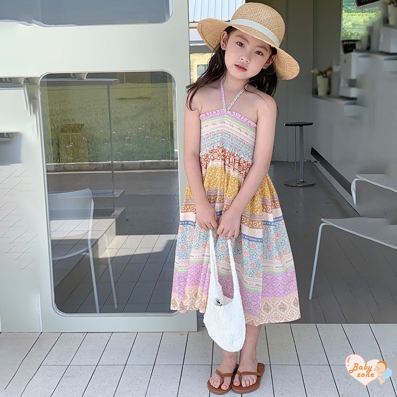 Korean Summer Girls' Ethnic Style Printed Pleated Drawstring Dress Children Baby Girl Seaside Vacation Style Beach Dress