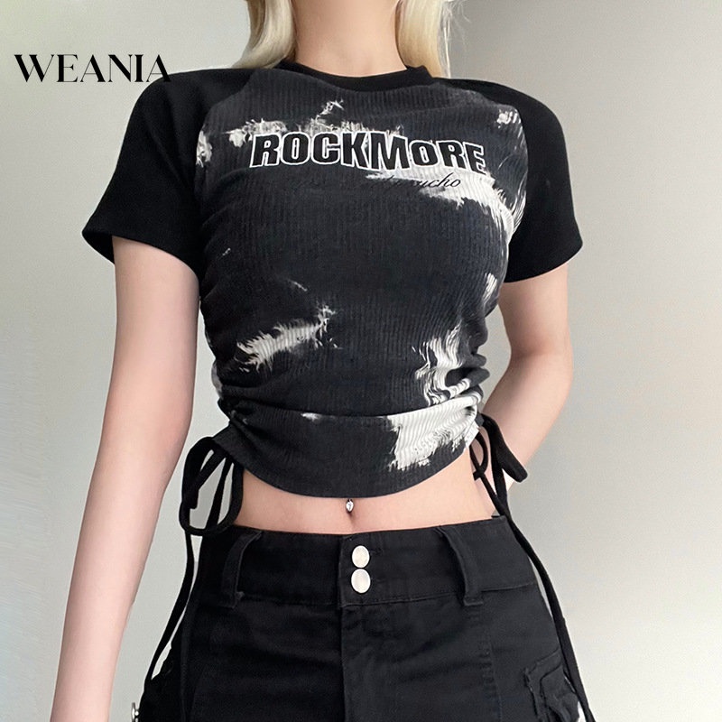 Áo Croptop Tay Ngắn Phối Dây Rút In Họa Tiết Kiểu Vintage Mỹ Xinh Xắn Cho Nữ