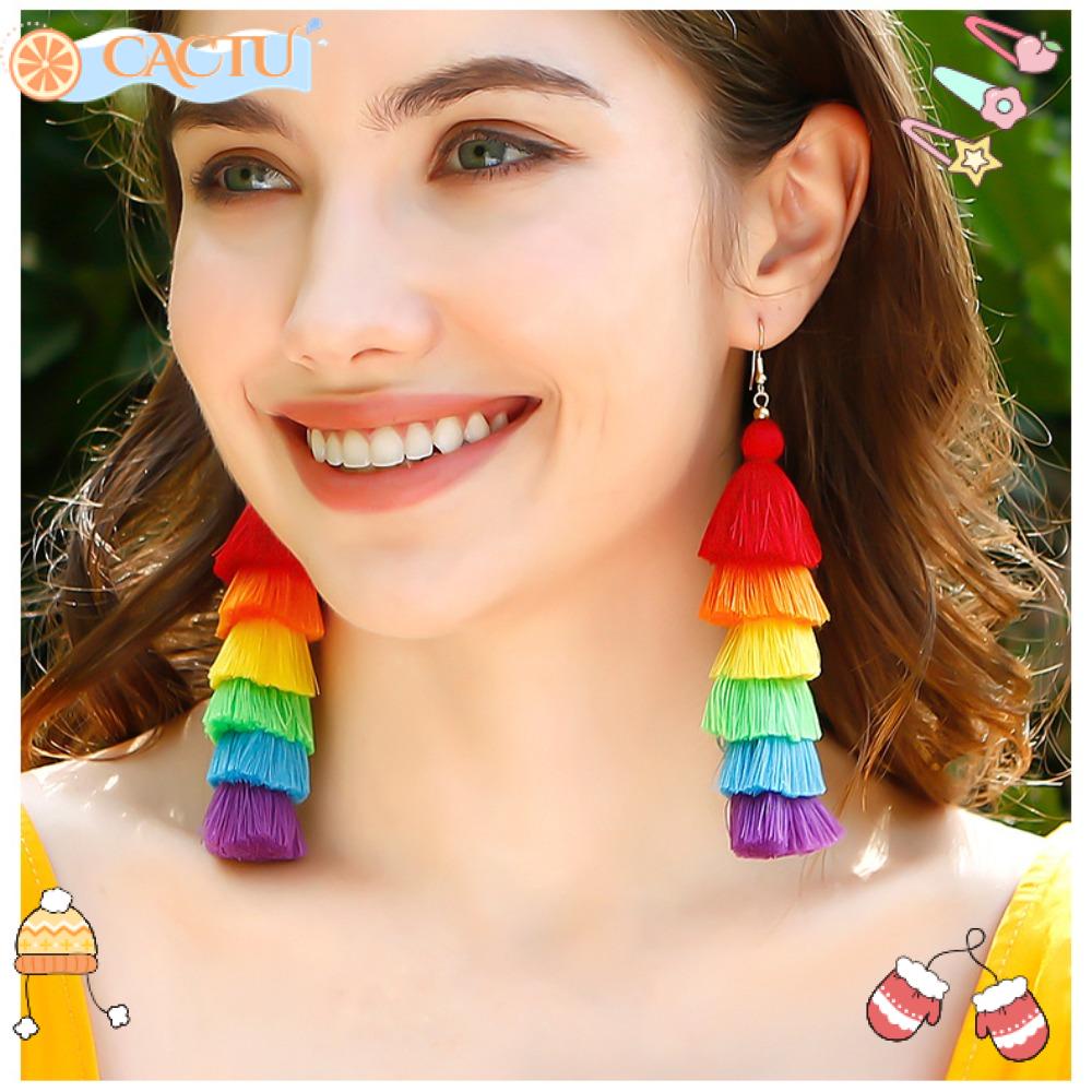 Bông Tai Dạng Tua Rua Nhiều Lớp Màu Sắc Cầu Vồng Phong Cách Bohemian Dành Cho Nữ