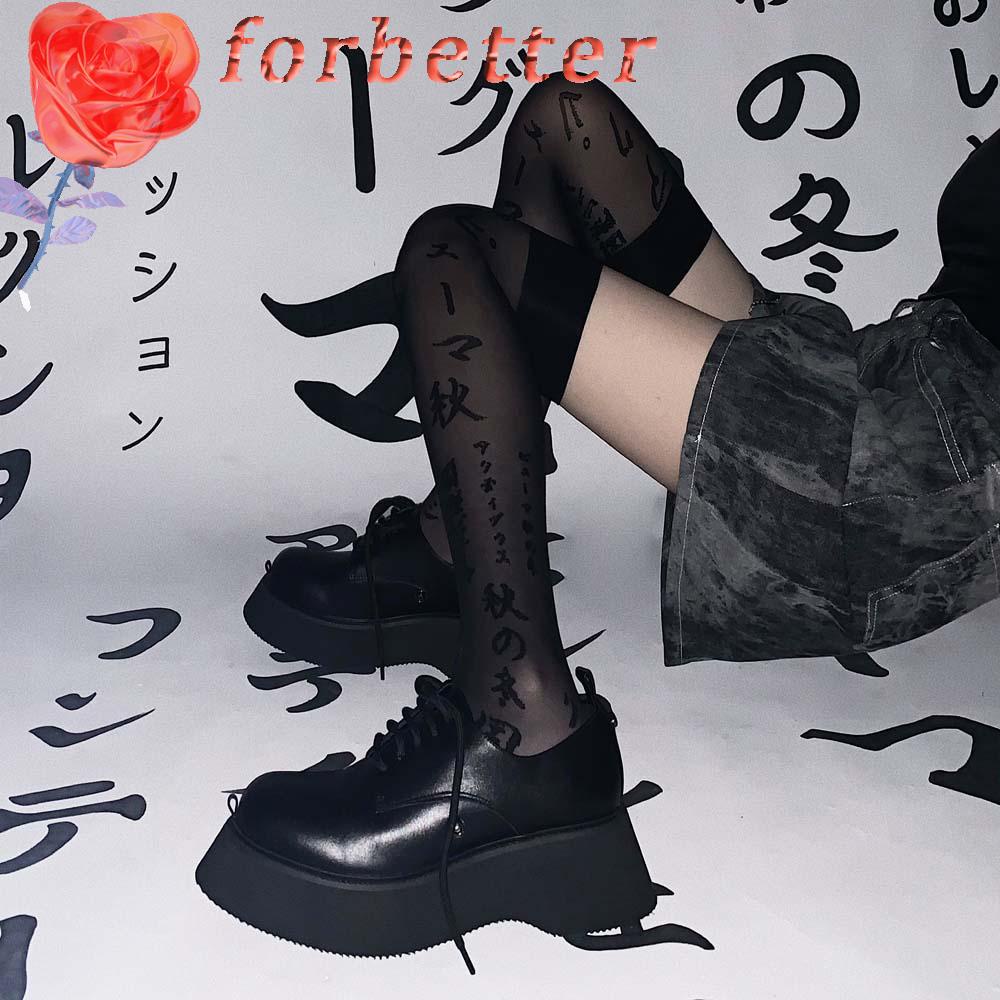 FORBETTER Vớ Lụa Đen Dài Qua Gối Co Giãn In Chữ Phong Cách Gothic Thời Trang Cho Nữ