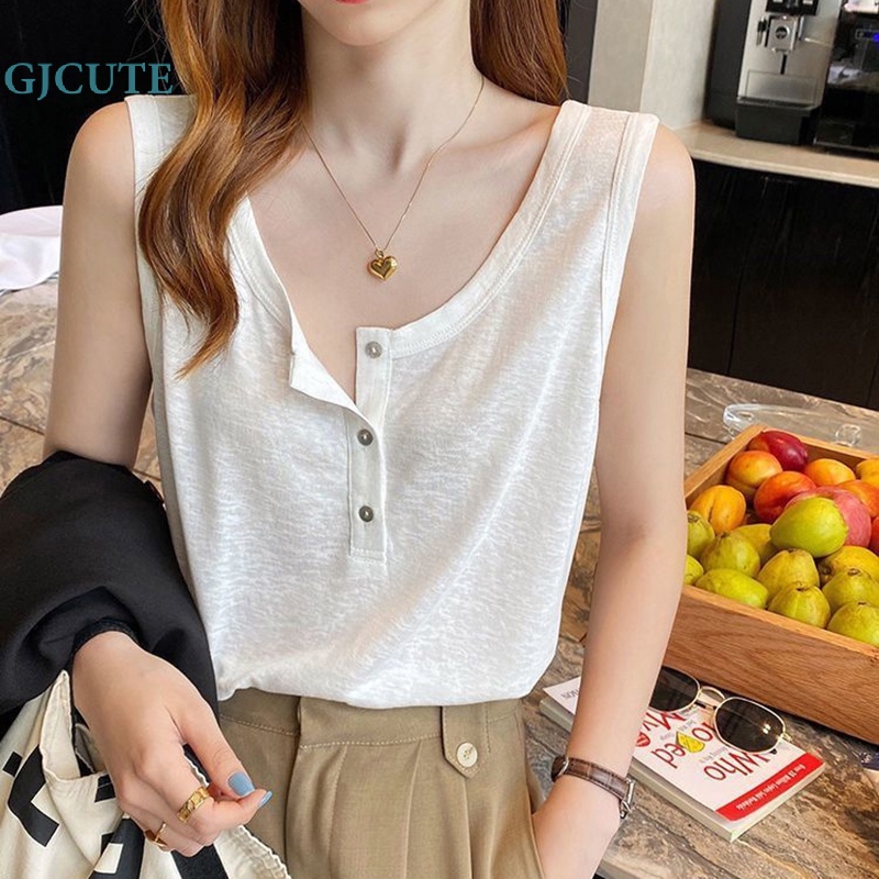 Áo Hai Dây Mùa Hè Dáng Suông Cài Nút Màu Trơn Cho Nữ