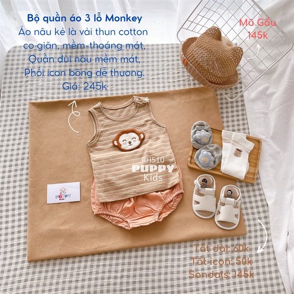 (RH510) (5-12kg) Bộ quần áo dành cho bé trai (PUPPY KIDS) Bộ quần áo 3 lỗ Monkey.