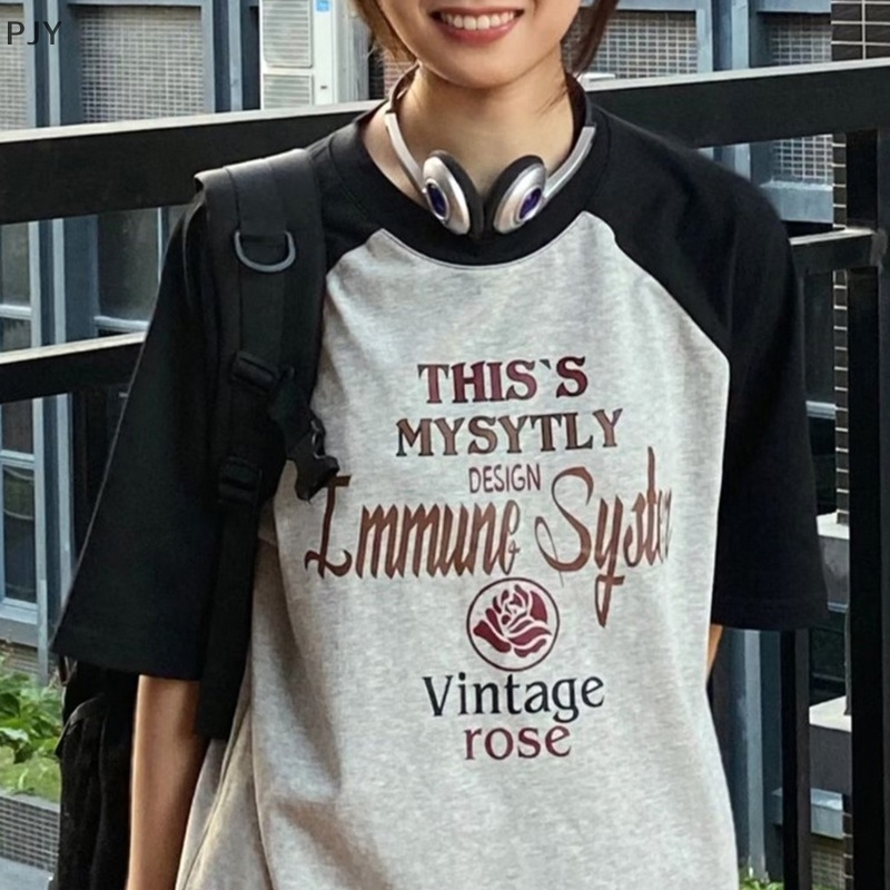 Áo Thun Ngắn Tay Cổ Tròn Dáng Rộng In Chữ Phối Màu Tương Phản Thời Trang Mùa Hè Cho Nữ PJ