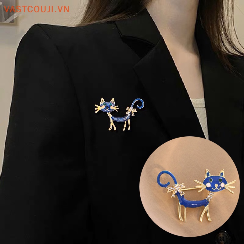 Ghim Cài Áo Hình Mèo Đính Đá Pha Lê Xanh Dương Dễ Thương Phong Cách Hàn Quốc