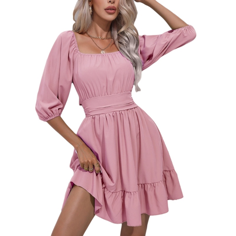 Đầm Ngắn Dáng Chữ A Tay Ngắn Phồng Cổ Vuông Hở Lưng Phối Bèo Eo Co Giãn Cho Nữ