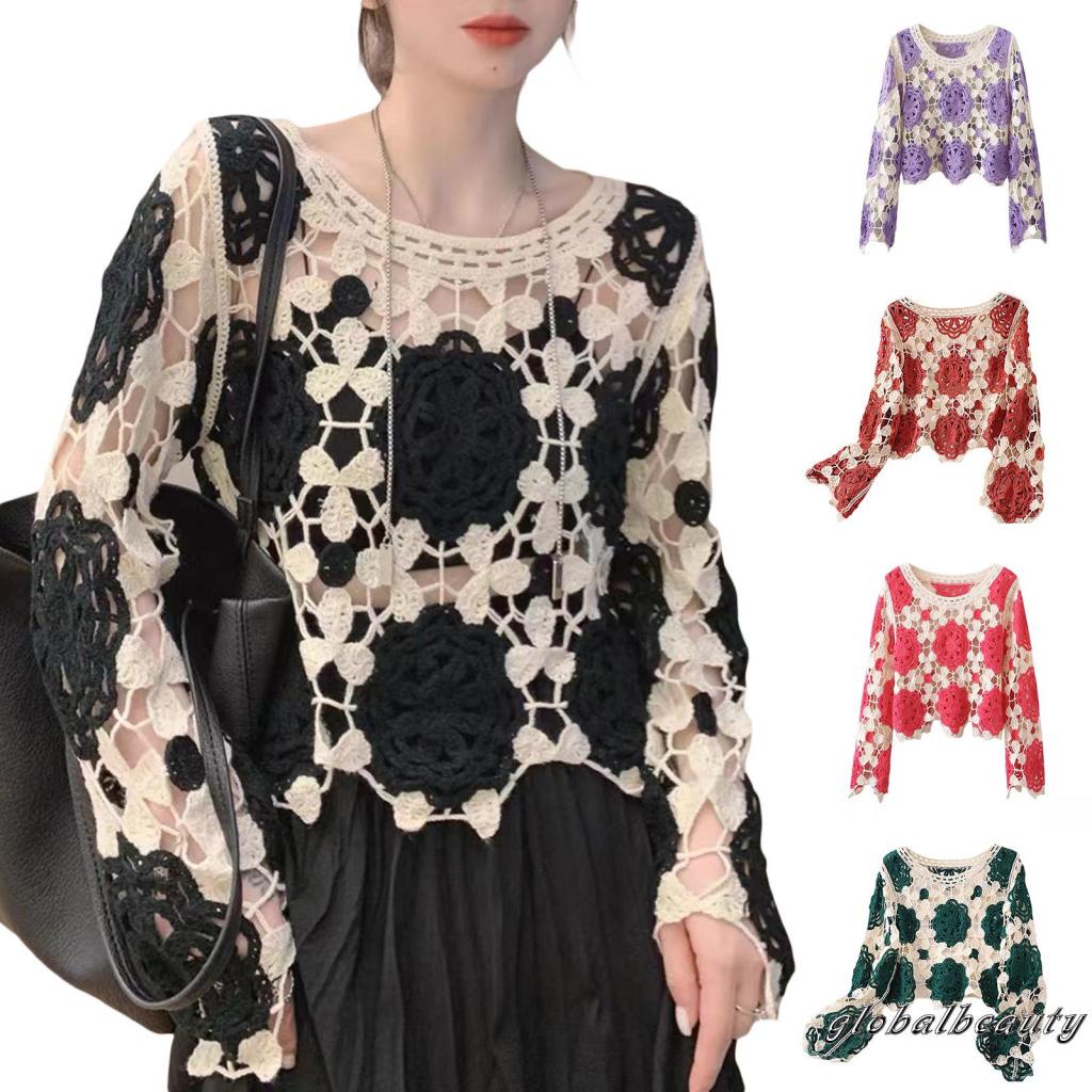 Áo Croptop Dệt Kim Tay Dài Cổ Tròn In Họa Tiết Hoa Thời Trang Xuân Hè Cho Nữ