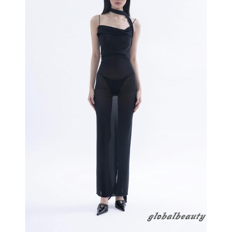 Đầm Hai Dây Dáng Ôm Dài Màu Trơn Nhìn Xuyên Thấu Gợi Cảm Cho Nữ