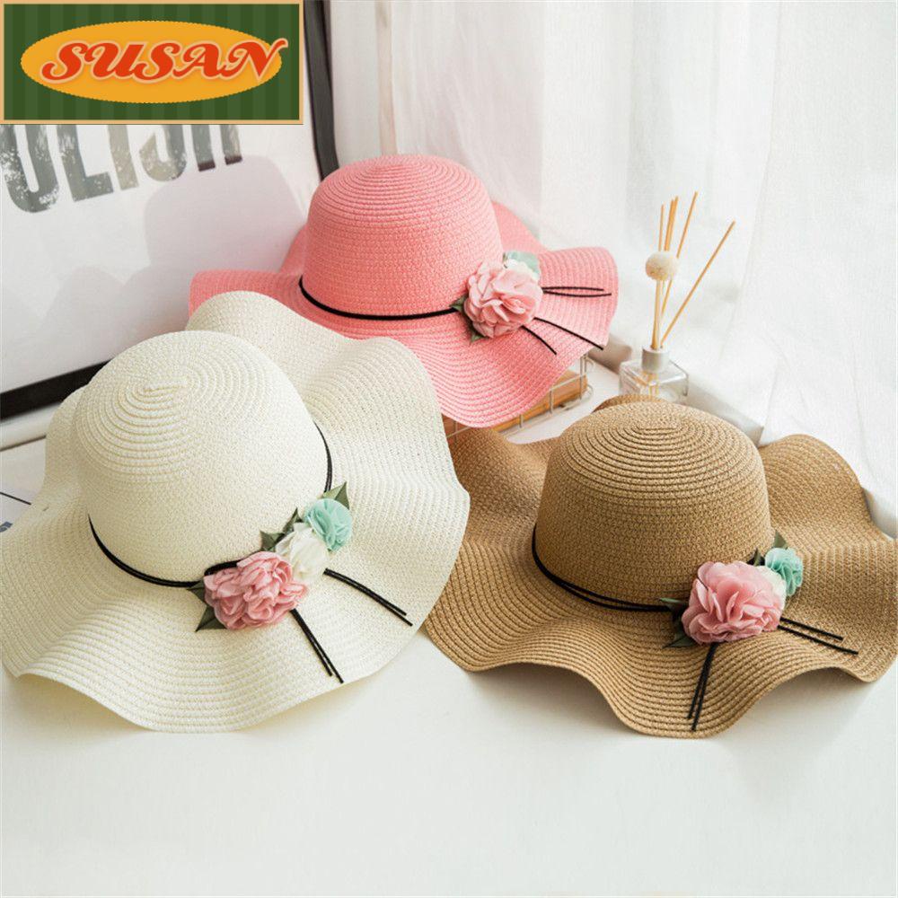 SUSANS Mũ Cói Rộng Vành Đính Hoa Dễ Thương Thời Trang Mùa Hè