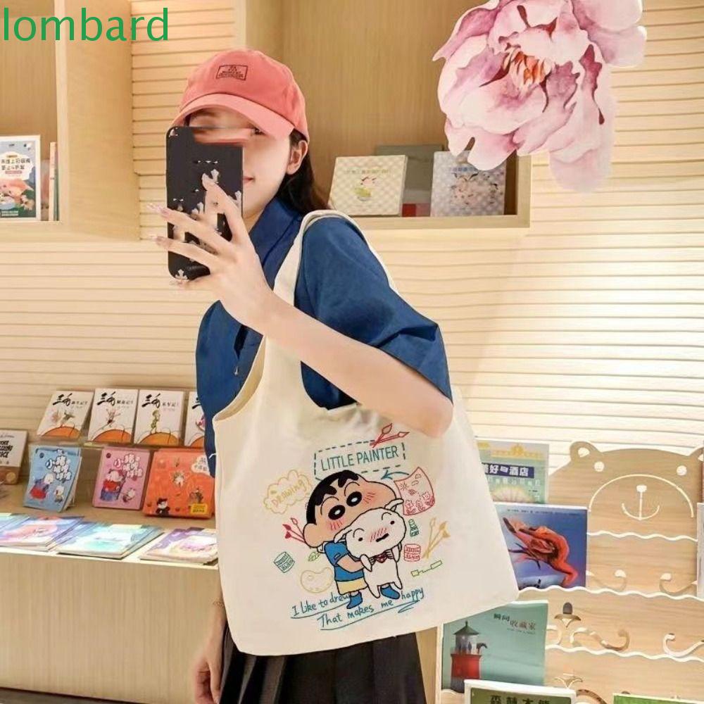 LOMBARD Túi Tote Đeo Chéo Vải Canvas Cỡ Lớn In Họa Tiết Hoạt Hình Chú Gấu / Dâu Tây Dễ Thương Thời Trang Cho Nam Và Nữ