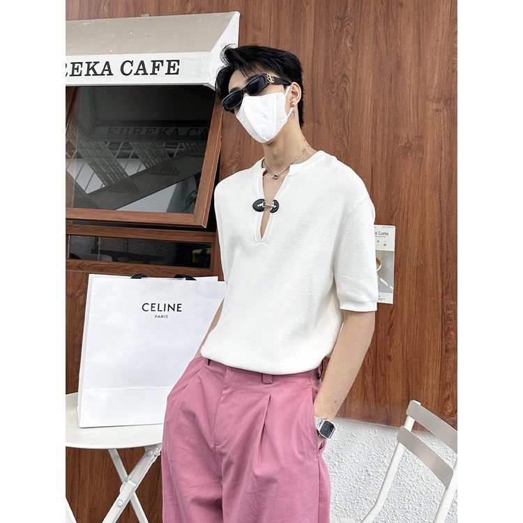 Áo Thun Tay Ngắn Cổ Chữ V Bằng Da Cao Cấp Phối Nút Độc Đáo Thời Trang Mùa Hè