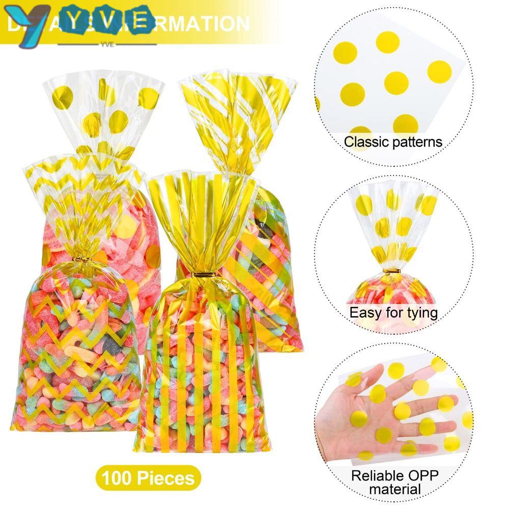 YVE Set 100 Túi Đựng Kẹo Kẻ Sọc / Chấm Bi Dùng Một Lần 10.98X4.92 inches Kèm Dây Buộc Xoắn Trang Trí Tiệc Tùng