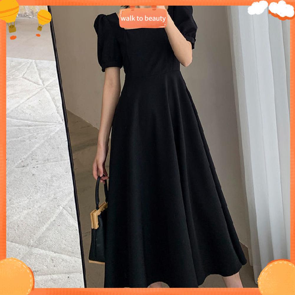 Arlene Giay Vintage Nữ Đầm Dự Tiệc Chữ A Dài Váy Đen Ngắn Tay Phồng Qua Đầu Gối Cổ Vuông Cho Bé Gái