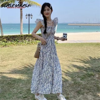Sugemiusi Đầm Đi Biển Phong Cách Mori In Hoa Màu Xanh Dương Tươi Mới Mùa Hè