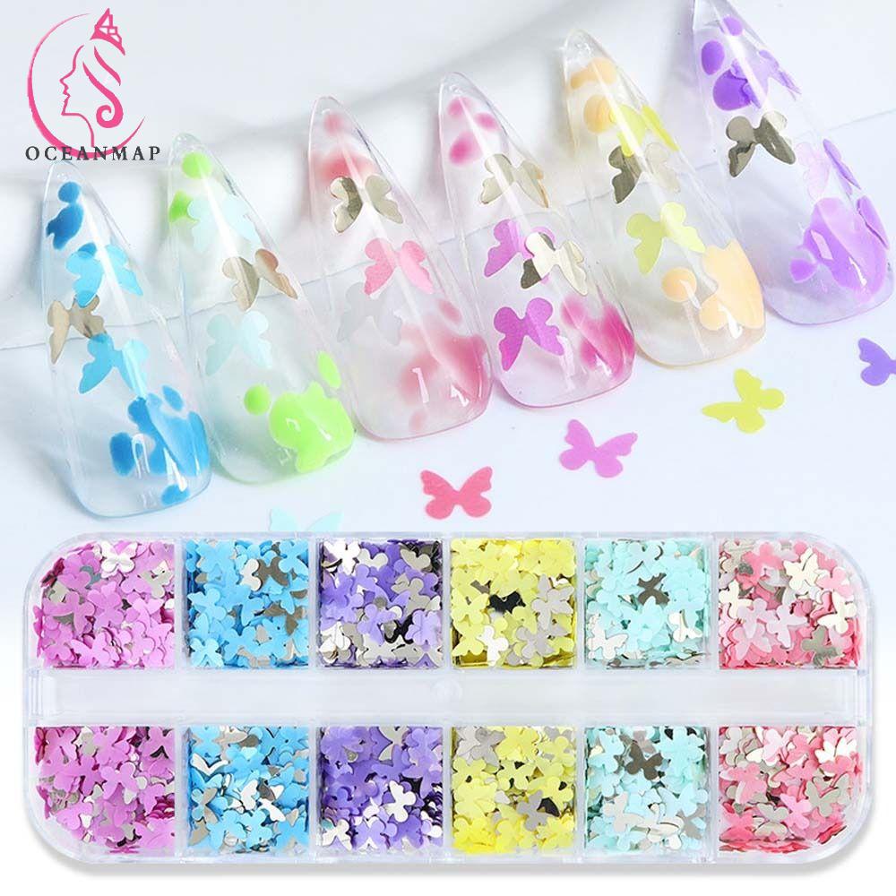 OCEANMAP Hộp 12 Ngăn Đựng Hạt Kim Sa Hình Bướm 3D Nhiều Màu Trang Trí Móng Tay