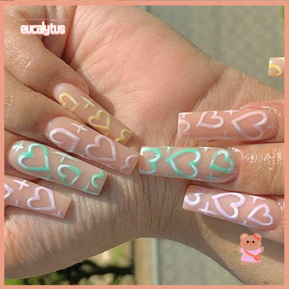 EUTUS Bộ 24 Móng Tay Giả Che Phủ Toàn Diện Họa Tiết Trái Tim Xinh Xắn