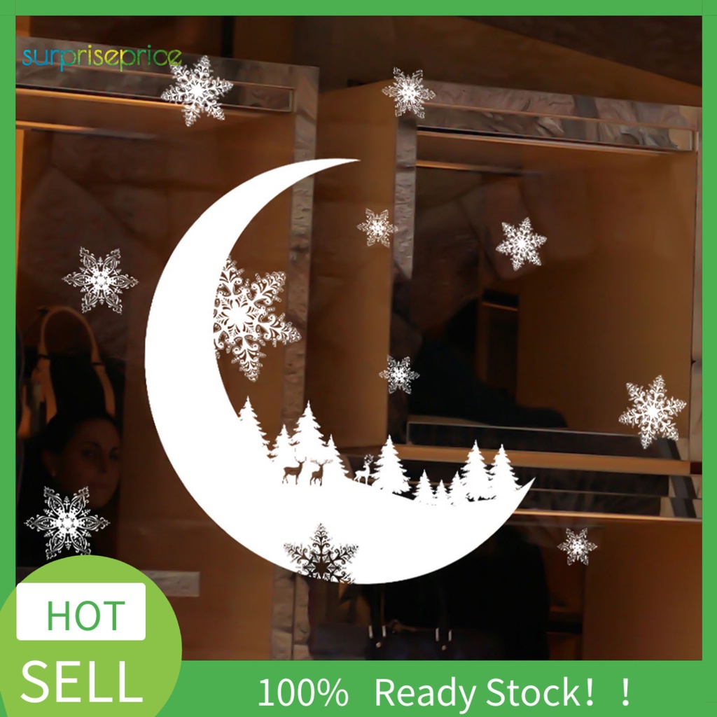(Bất Ngờ) Hình Dán Tường Chủ Đề Giáng Sinh Lãng Mạn Không Thấm Nước Bông Tuyết Mặt Trăng Trang Trí Nhà Cửa