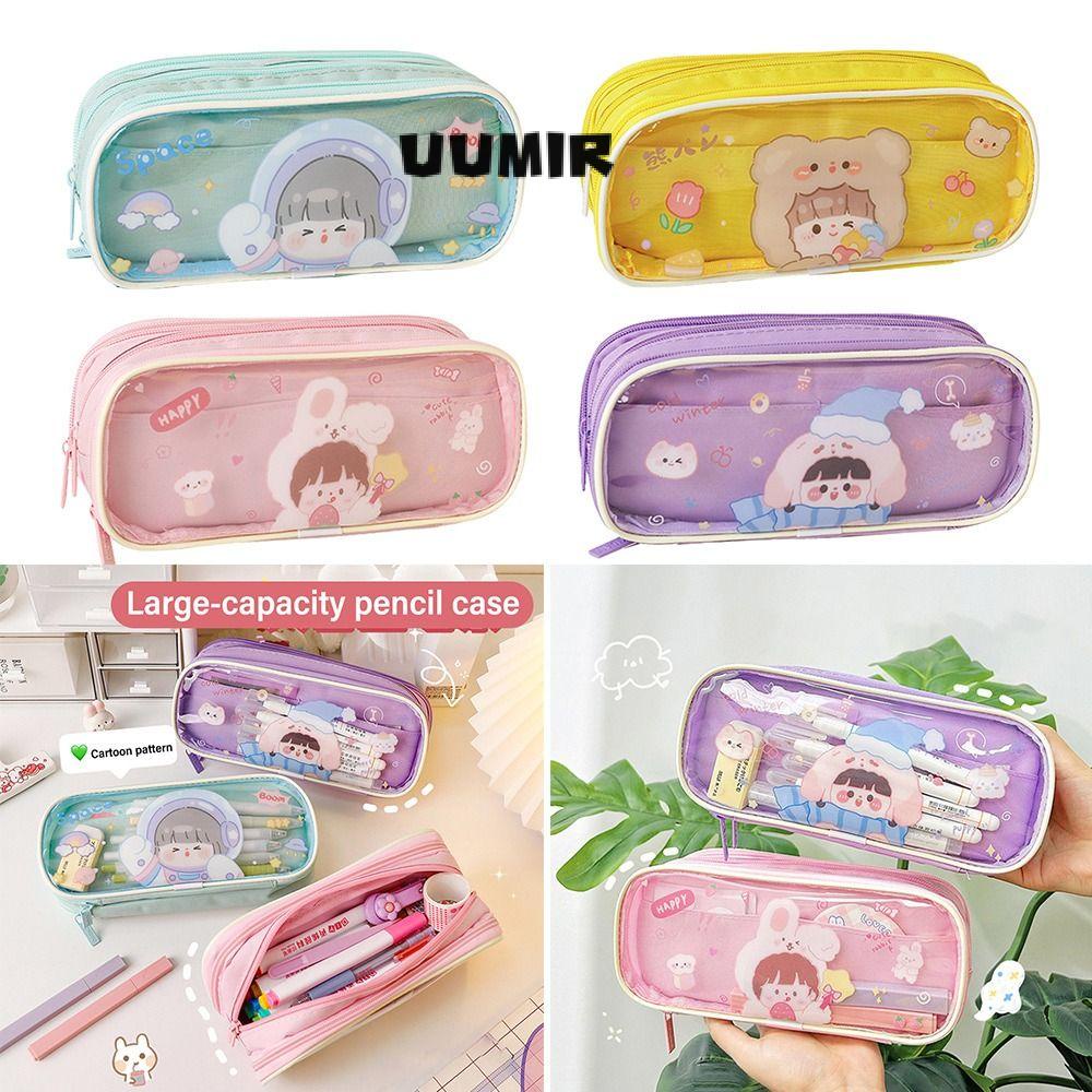 UUMIR Túi Đựng Bút Trong Suốt Hình Vuông Cỡ Lớn Có Khóa Kéo Họa Tiết Hoạt Hình Dễ Thương