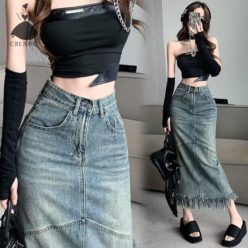 Chân Váy Jean Dài Dáng Chữ A Lưng Cao Phối Tua Rua Thời Trang Mùa Hè 2023 Phong Cách Vintage Y2k