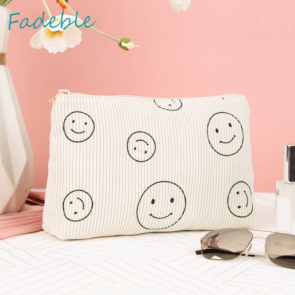 Túi Đựng Mỹ Phẩm Hai Mặt Bằng Vải Nhung Kẻ Dễ Thương Xinh Xắn