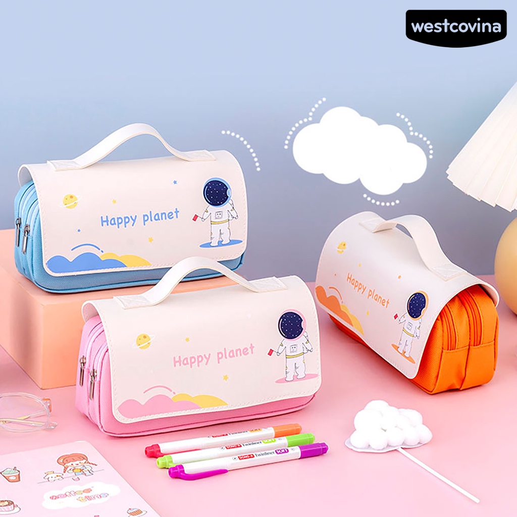 [WSTN] [WSTN]✎Túi Đựng Bút 2 Ngăn Đa Năng Bằng Vải Canvas In Hình Phi Hành Gia Xinh Xắn