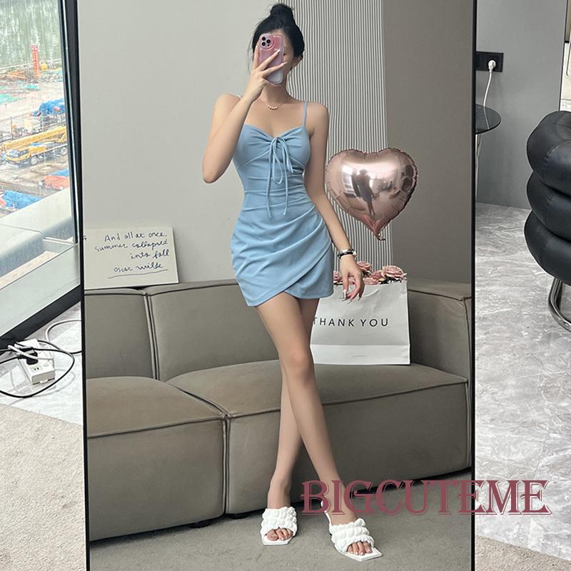 [] - Đầm Ngắn Hai Dây Ôm Dáng Màu Trơn Cổ Chữ V Gợi Cảm Cho Nữ