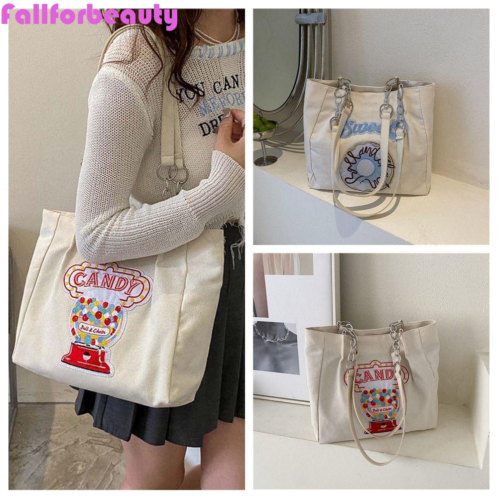 FALLFORBEAUTY Túi Tote Vải Canvas Thêu Chữ Sức Chứa Lớn Tái Sử Dụng Được Thiết Kế Dễ Thương Cho Học Sinh