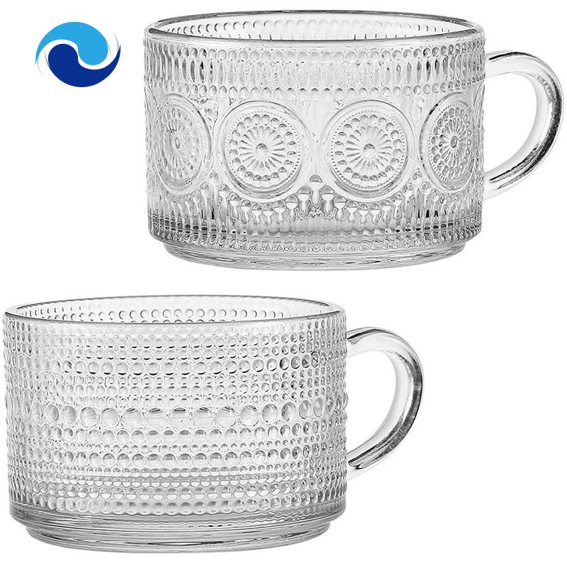 Cốc Uống Cà Phê Bằng Thủy Tinh Dập Nổi Họa Tiết Cổ Điển Có Tay Cầm Có Thể Xếp Chồng Lên Nhau