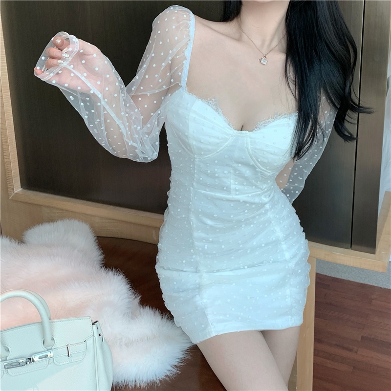 Đầm Ren Xếp Ly Dáng Ôm Họa Tiết Chấm Bi Thời Trang