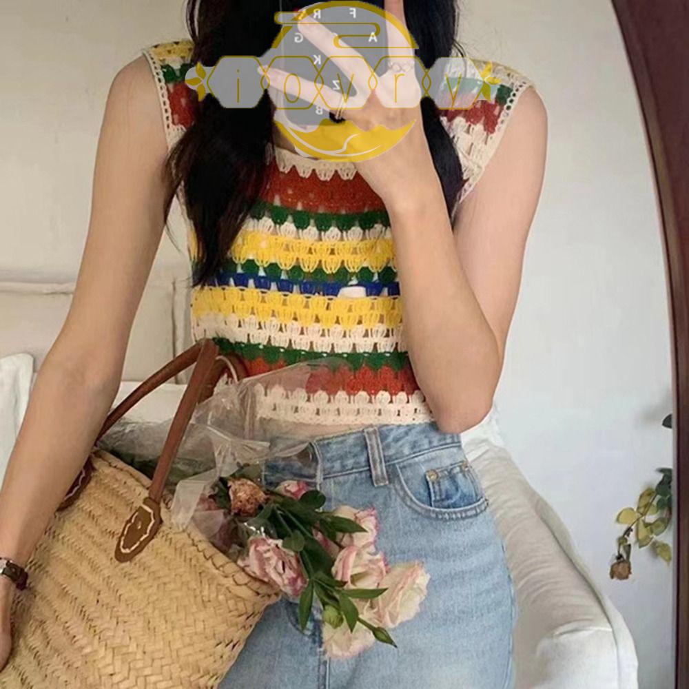 IVORY Áo Dệt Kim Hai Dây Cổ Vuông y2k Thời Trang Mùa Hè Cho Nữ