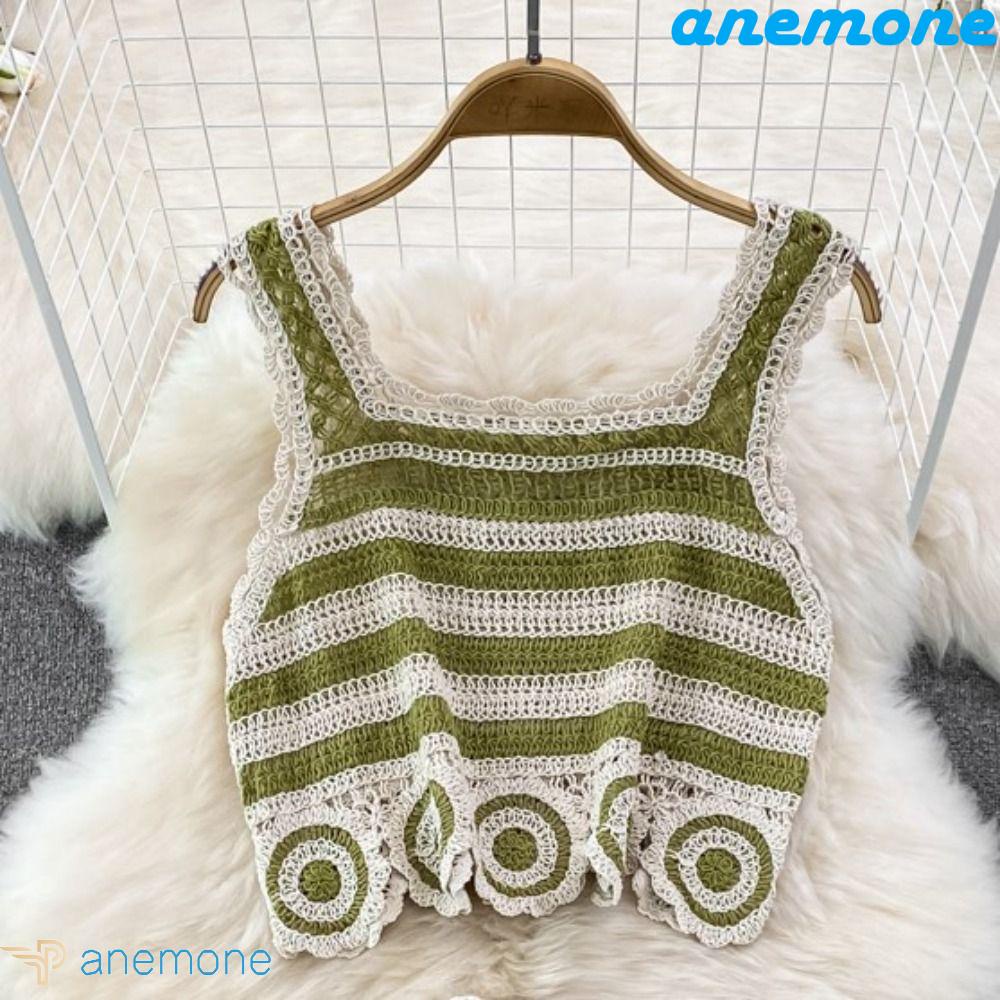ANEMONE Áo Croptop Dệt Kim Không Tay Họa Tiết Hình Học Phong Cách Hàn Quốc Ngọt Ngào
