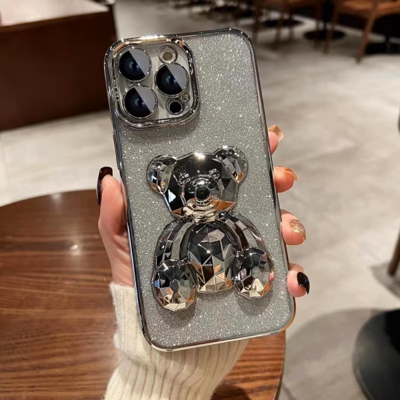 Ốp Điện Thoại Mềm Mạ Điện Màu Gradient Có Vòng Đỡ Hình Gấu Cho IPhone 14 13 12 11 Pro X XS Max XR 14Plus