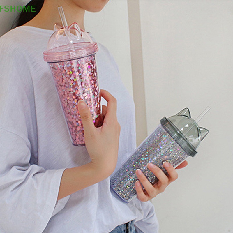 Fshome Cốc Đôi Cách Nhiệt Hai Lớp Có Nắp Và Ống Hút Ánh Kim Đơn Giản Dùng Khi Đi Mua Sắm Du Lịch Nóng Lạnh