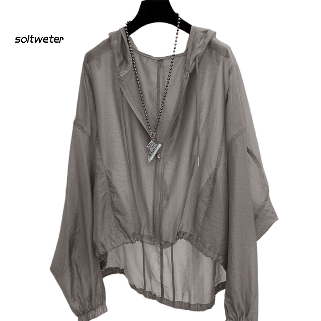 Áo Khoác Chống Nắng Mỏng Tay Dài Màu Trơn Phối Dây Rút Xuyên Thấu Thời Trang Cho Nữ