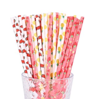 Set 100 ống hút giấy phân hủy sinh học họa tiết trái cây trang trí tiệc