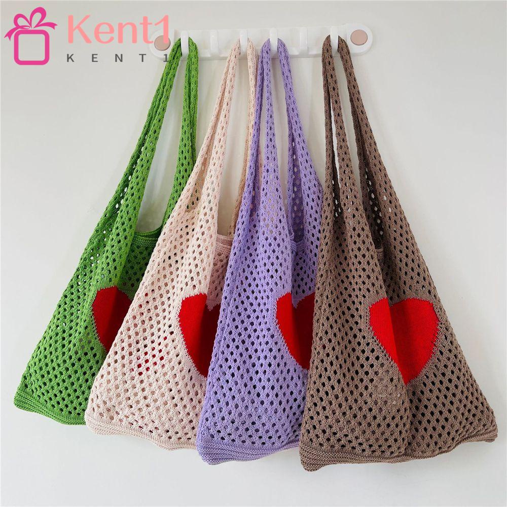 KENT1 Túi Tote Đan Len Họa Tiết Trái Tim Phong Cách Boho Cho Nữ
