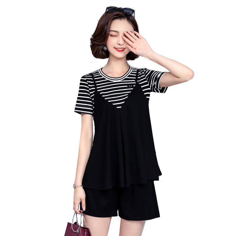 Set Áo Thun Tay Ngắn Kẻ Sọc + Quần Short Size Lớn 40-85KG C11133