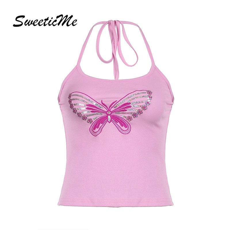 Áo Tank Top Hai Dây Dáng Ôm Thêu Hình Bướm Đính Hạt Thời Trang 2023 Cho Bạn Gái