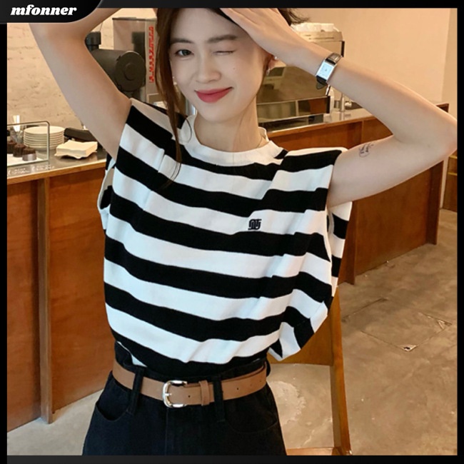 Áo Sát Nách Cổ Tròn Kẻ Sọc Ngang Vải Lụa Mát Thời Trang Thể Thao Mùa Hè Cho Nữ